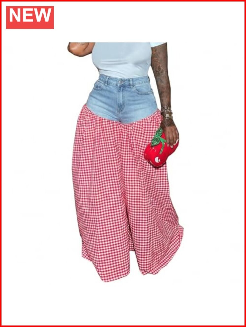 High Waisted Wide Leg Checkered Patchwork Plaid Stretchy Denim Jeans